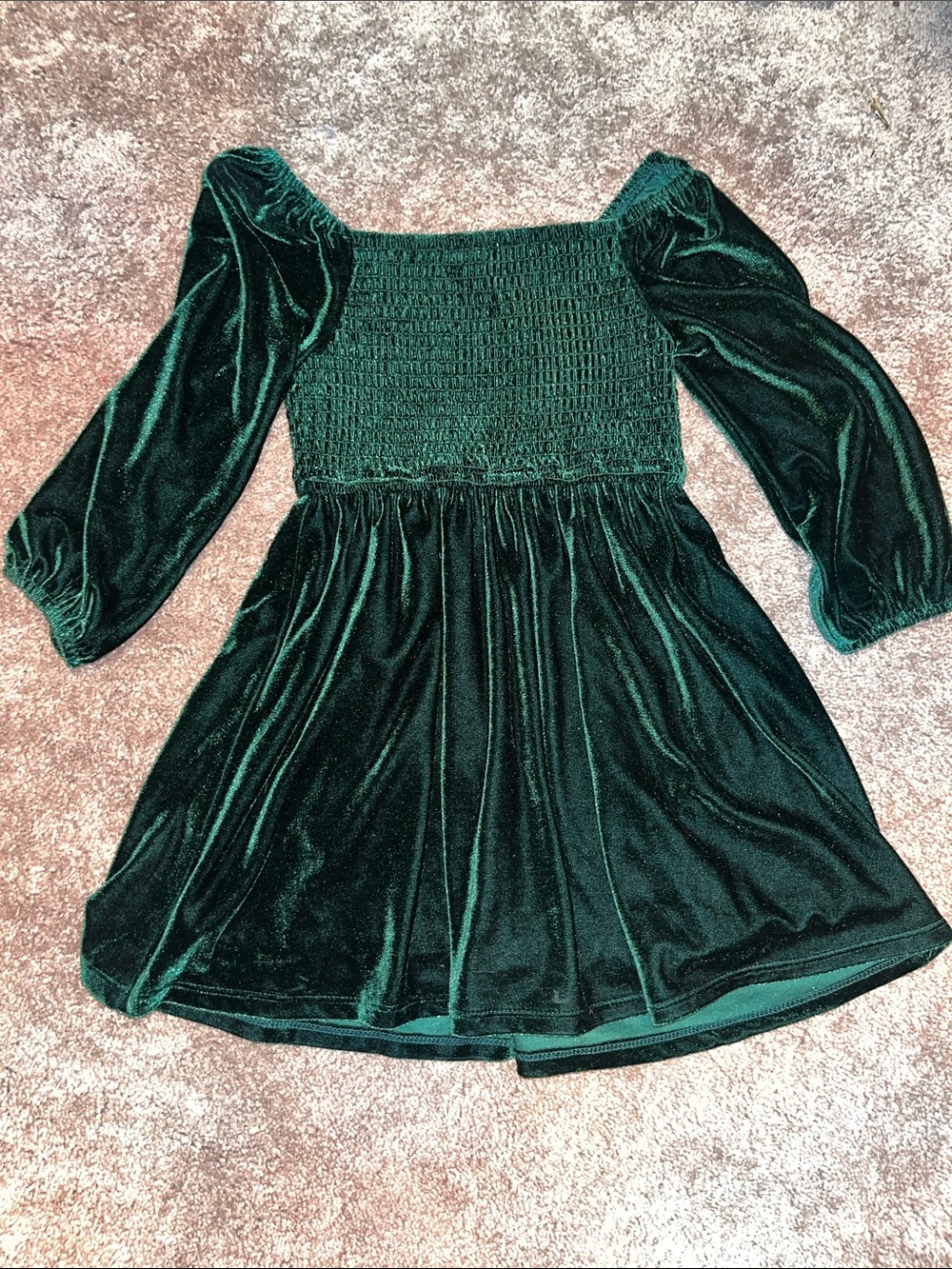 Girls' Emerald Green Velvet Smocked Dress